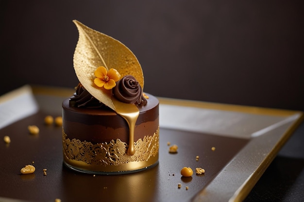 Photo elegant fancy dessert with smooth chocolate mousse and edible gold accents