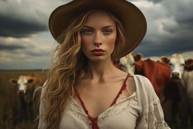 Elegant farmer woman with cows in rural landscape