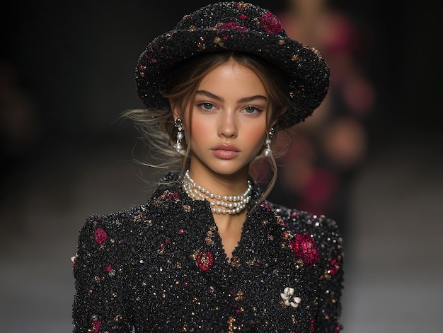 Photo elegant fashion model in chic hat and pearl jewelry on runway