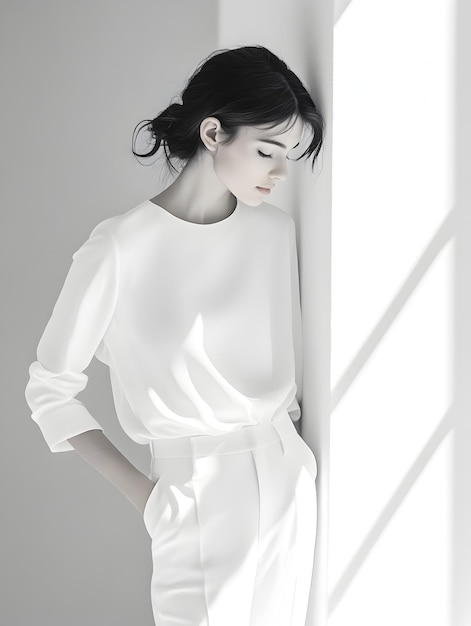 Photo elegant fashion model in refined modern attire with serene bauhaus inspired composition