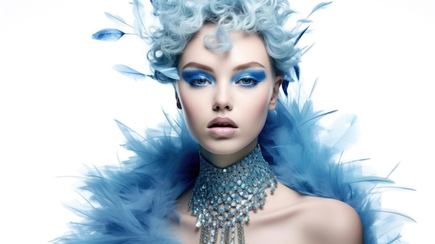 Photo elegant fashion model with blue hair and feathers in high fashion jewelry portrait