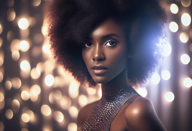 Elegant and fashionable black woman with afro hair in disco club Generate Ai