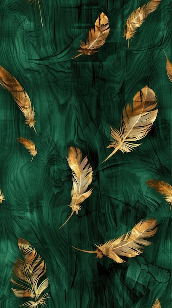 Elegant feather pattern with green and gold decor for designs and backgrounds AI