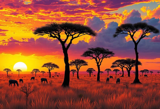 Photo elegant featuring african savanna at sunset with acacia trees