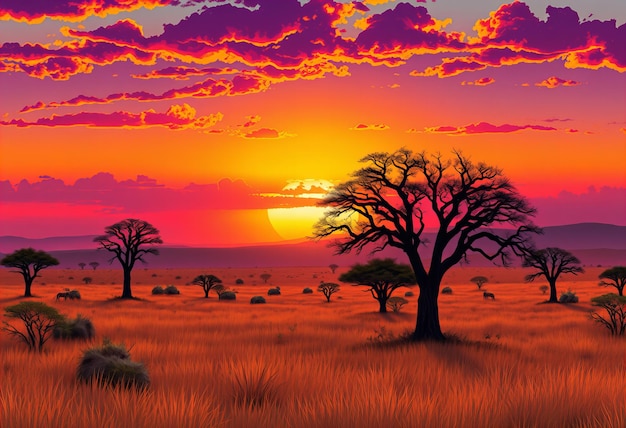 Photo elegant featuring african savanna at sunset with acacia trees