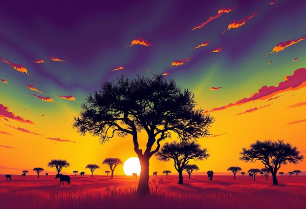 Photo elegant featuring african savanna at sunset with acacia trees