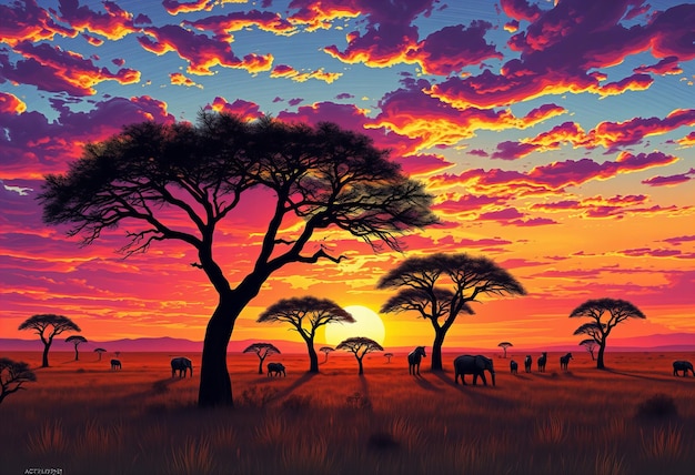 Photo elegant featuring african savanna at sunset with acacia trees