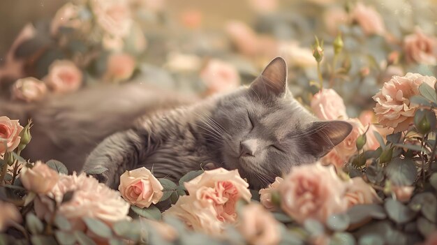 Elegant Feline Nestled Amidst Romantic Roses on Pastel Backdrop