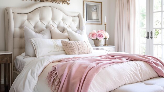 Photo an elegant and feminine bedroom with a soft pink throw gracefully dd over the edge of the bed adding a delicate pop of color