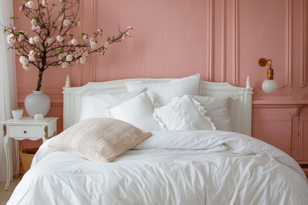 Photo elegant feminine bedroom with white and pink decor