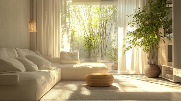 Photo elegant feng shui interior with soft colors and natural materials