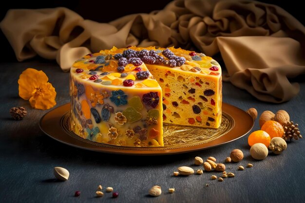 Elegant festive fruit cake with candied fruits and pieces of dried berries