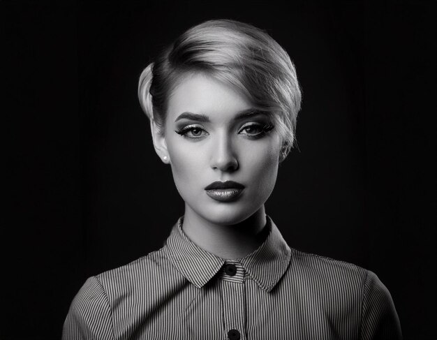 Elegant Film Noir Headshot of a Woman Timeless Vintage Portrait with Dramatic Lighting and Shadows