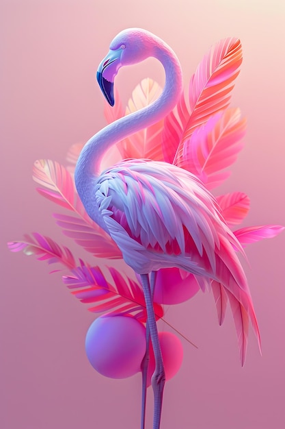 Elegant Flamingo with Vibrant Feather Shaped Balloons in a Surreal Pink Backdrop