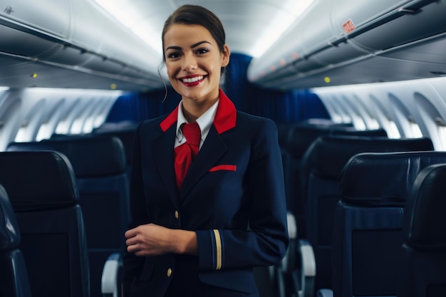 Elegant flight attendant in a navy blue uniform with a bright red scarf