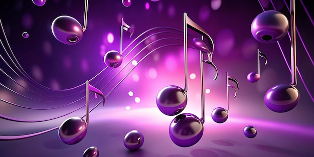 Photo elegant floating musical notes on abstract purple background with flares 3d illustration