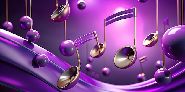 Elegant Floating Musical Notes on Purple Abstract Background with Flares 3D Illustration