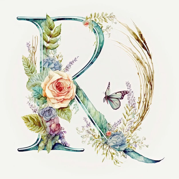 Elegant floral alphabet letter R for your wedding invitations card generative ai