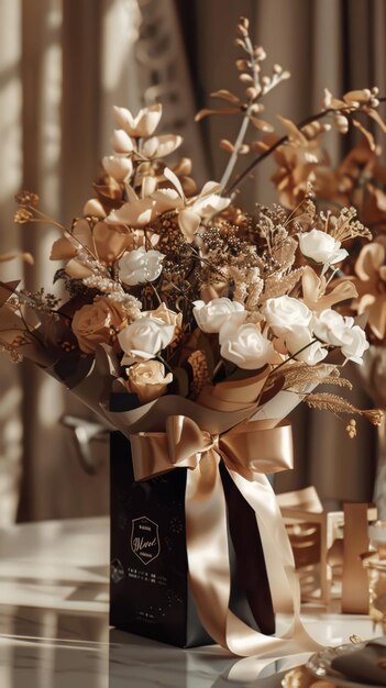 Photo elegant floral arrangement in a chic setting with soft golden tones