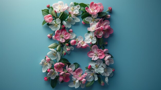 Elegant floral arrangement number eight pink white apple blossoms calming blue background Womens Day