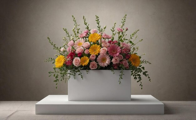 Elegant floral arrangement in white rectangular vase colorful blooms on neutral background centerpiece decoration