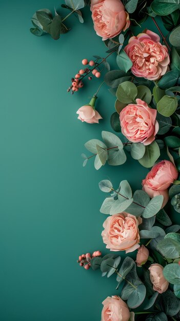 Photo elegant floral arrangement with pink roses and eucalyptus on teal background with copy space for