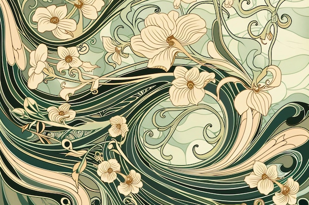 Elegant Floral Art Nouveau Background with Intricate Design and Delicate Blooms