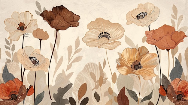 Elegant floral background with beautiful brown and beige poppy flowers