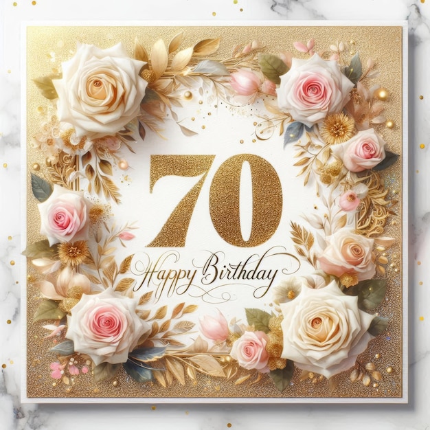 Photo elegant floral birthday card design featuring 70 and lovely pink roses