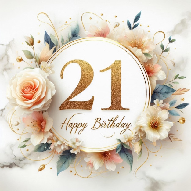 Elegant floral birthday design featuring 21 and Happy Birthday message in gold