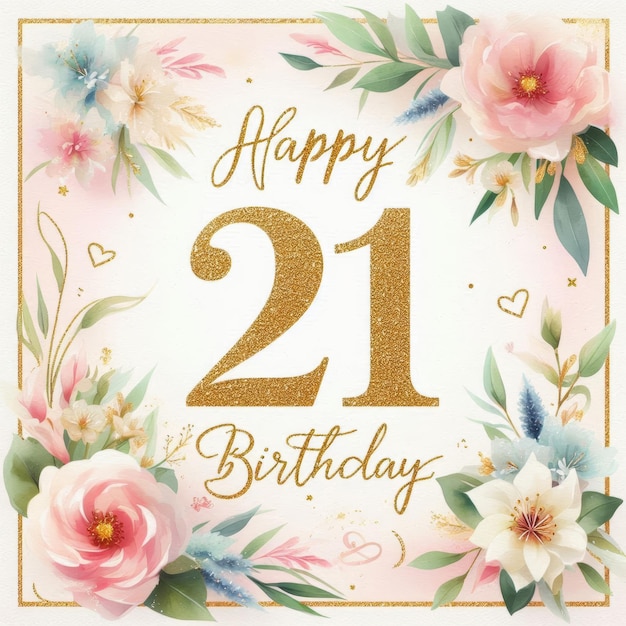 Photo elegant floral design celebrating a 21st birthday with a gold glittery number