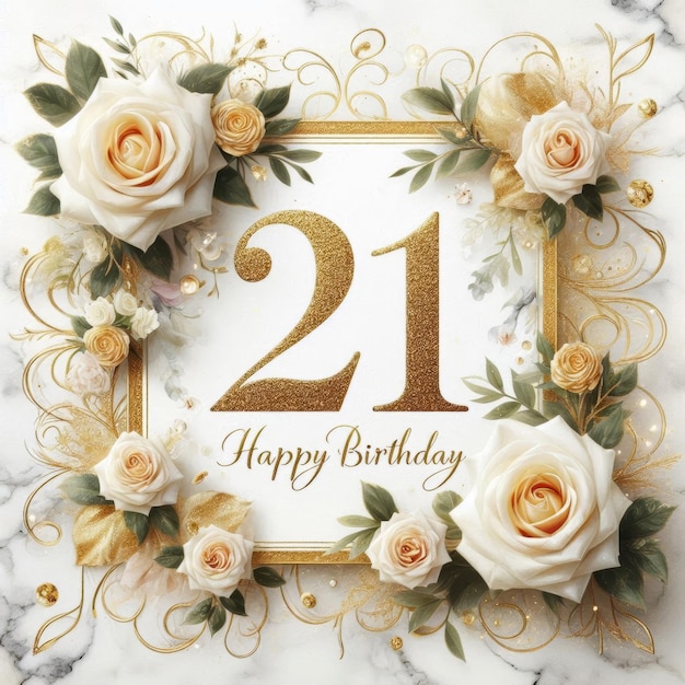 Elegant floral design celebrating a 21st birthday with golden accents and soft roses