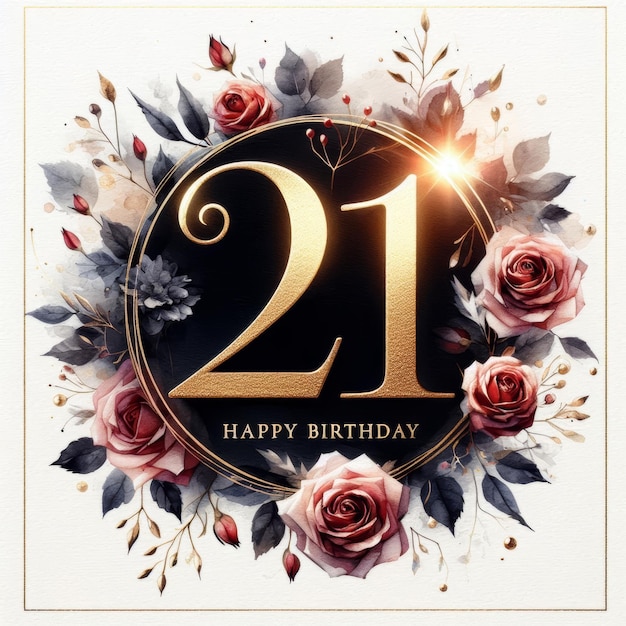 Elegant floral design celebrating a 21st birthday with golden typography