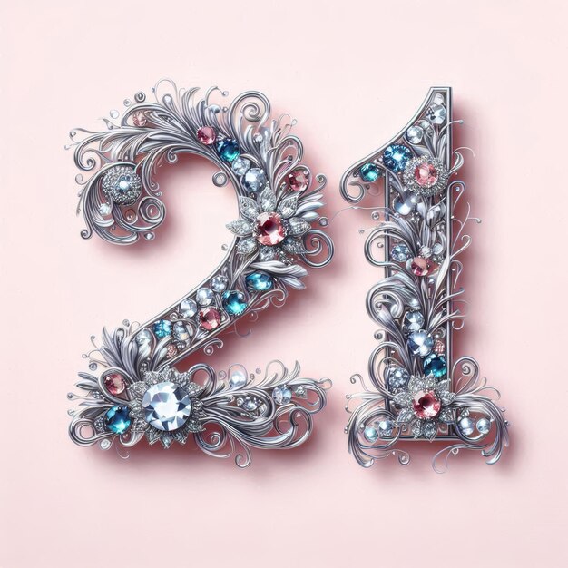 Photo elegant floral design featuring the number 21 adorned with colorful gems on a soft pink background