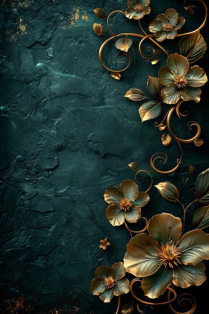 Elegant floral design with gold flowers and green leaves on a dark green background