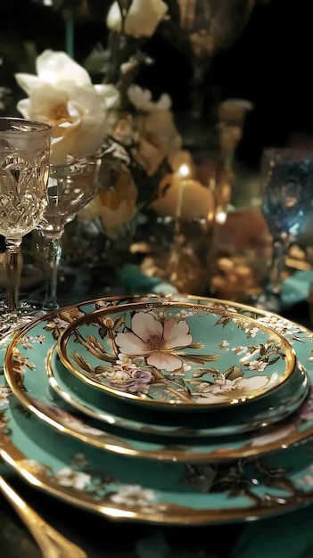 Elegant Floral Dinnerware with Gold Trim Close Up View