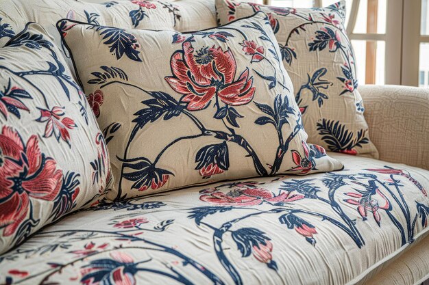 Elegant floral embroidered cushions on sofa