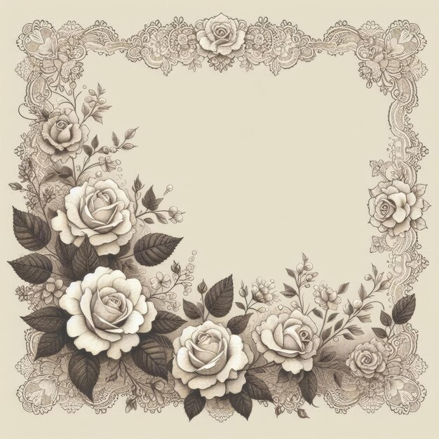 Elegant floral frame featuring detailed roses and delicate lace patterns