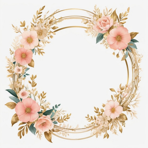 Elegant floral frame with gold ribbon and flowers on white ideal for invitations or greeting cards