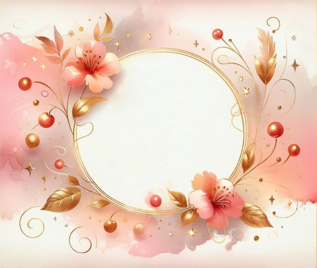 Elegant floral frame with golden accents and pink blooms on a watercolor background