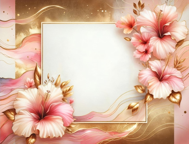 Elegant floral frame with pink hibiscus flowers and gold accents ideal for invitations and decor