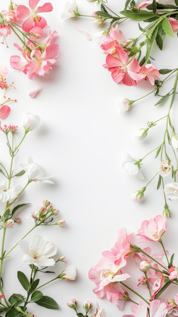 Elegant floral frame with pink and white flowers delicately decorating the border of square blank paper