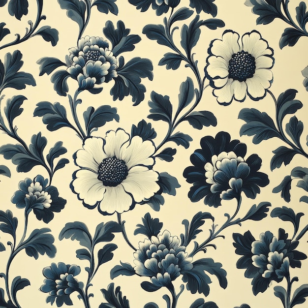 Photo elegant floral pattern in blue and cream background