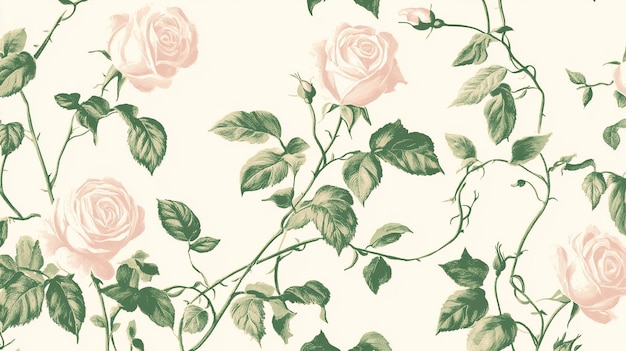 Photo elegant floral pattern featuring pink roses and green leaves on a soft cream background