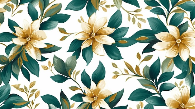 Elegant floral pattern with green and gold leaves on white background Generative AI