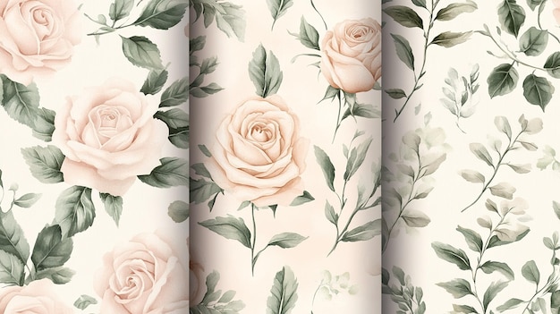 Elegant floral pattern with soft pink roses and green leaves on a light background