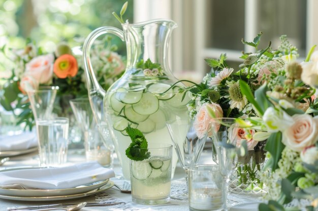 Photo elegant floral table setting with cucumber infused water for weddings and celebrations