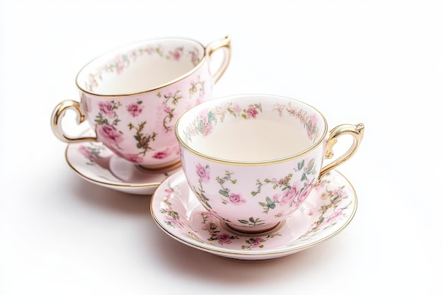 Photo elegant floral teacups and saucers on white background two delicate teacups with floral patte