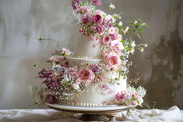 Photo elegant floral wedding cake with decorations