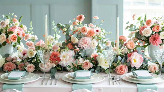 Elegant Floral Wedding Reception Table Setting with Pastel Flowers and Candlelight